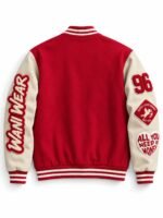 Back of a red varsity jacket with cream sleeves, "WANI WEAR" sleeve lettering, "96" patch, cupid diamond patch and heart slogan patch
