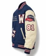 Side view of baseball letterman jacket with Champs cap patch and chenille number 81
