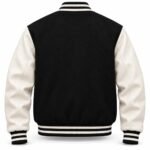 Back panel of private label black and cream varsity jacket with striped rib-knit hem