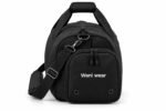 Black gym duffle bag end compartment with embroidered logo and air vents