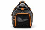 Back view of custom roll-top duffel bag with padded grab handle, buckle straps and box-X stitched handles