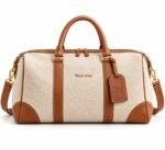Canvas and leather weekender bag front view with embroidered logo