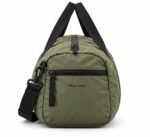 Side view of custom gym duffle bag showing zippered end pocket and tonal embroidered logo