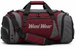 Custom team duffle bag in maroon and grey with large embroidered Wani Wear logo on front pocket