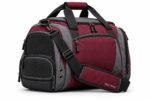 Angled view of custom team duffel bag showing ventilated shoe pocket, air vents and logo on shoulder pad