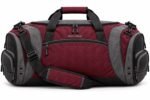 Front view of maroon and grey custom sports duffle bag with mesh end pockets and padded shoulder strap