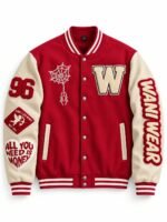 Custom varsity jacket in red and cream with chenille-style "W" chest letter, spider-web embroidery, "96" and "WANI WEAR" sleeve patches, and snap-button front