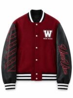 Custom leather varsity jacket in burgundy wool with black leather sleeves and chenille W patch by Wani Wear