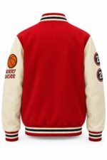 Back of red custom basketball team jacket with chenille basketball patch and number badges on sleeves