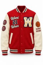 Custom basketball varsity jacket in red and cream with chenille W letter and number 21 patches by Wani Wear