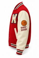 Side view of basketball letterman jacket with chenille basketball sleeve patch and Wani Wear embroidery