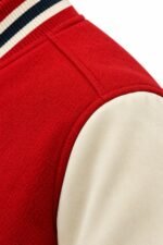 Close-up of wool-blend body and cream sleeve on wholesale basketball jacket