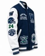 American football letterman jacket with helmet patch, chenille number 24 and Champions crest