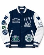Custom football varsity jacket with navy wool body, white sleeves and chenille W letter by Wani Wear
