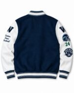Back of custom football varsity jacket with chenille W letters and embroidered sleeve patches