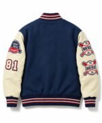 Back of custom baseball varsity jacket with embroidered crossed-bat crest patches on sleeve
