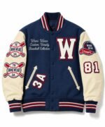 Custom varsity baseball jacket with navy wool body, cream leather sleeves and chenille W letter