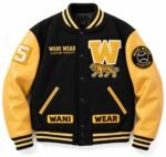 Custom letterman jacket with black wool body, gold leather sleeves, chenille W letter and tiger mascot patch