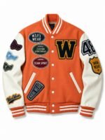 Front of custom letterman jacket with chenille W letter, embroidered patches and striped rib-knit trims
