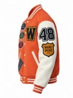 Custom orange wool varsity jacket with white leather sleeves, chenille W letter and number 48 patch by Wani Wear