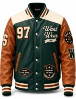 Custom leather varsity jacket with green leather body, tan leather sleeves and chenille number 97