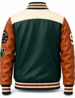 Back of leather varsity jacket with cream leather yoke and tri-color striped rib trims
