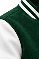 Green wool body, white leather sleeve and striped rib collar detail on custom varsity jacket