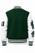 Back of personalized varsity jacket with chenille number 11 and basketball sleeve patch