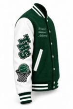 Basketball letterman jacket with chenille school letters, hoop patch and motivational chest text