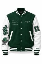 Custom basketball varsity jacket with green wool body, white leather sleeves and script name embroidery
