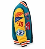 Multicolor varsity jacket with Team and Star pennant patches, chenille number 19 and gothic letter A