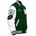 Green and white varsity jacket with chenille number 25, football patch and script chest embroidery