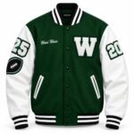 Custom letterman jacket with green wool body, white leather sleeves and white chenille W letter