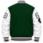Back of custom letterman jacket with graduation year numbers on both white leather sleeves