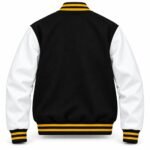 Back of black and white varsity jacket with clean wool panel and black and gold striped trims