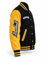 Black and yellow varsity jacket with navy tackle twill arch patch and script Baseball sleeve graphic