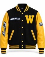 Baseball letterman jacket with black wool body, yellow leather sleeves and yellow chenille W letter