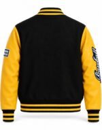 Back of custom baseball letterman jacket with black and yellow striped rib trims and sleeve patches
