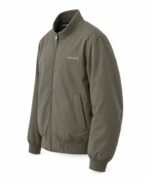 Padded olive bomber jacket side view with ribbed cuffs, bomber jacket manufacturer