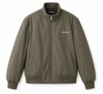Olive green bomber jacket front view with tonal zip and Wani Wear logo, private label manufacturer