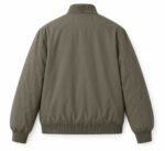 Custom olive green bomber jacket back view with rib-knit stand collar, OEM manufacturer