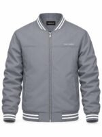 Wholesale bomber jackets – custom grey bomber jacket with white striped rib-knit collar by Wani Wear