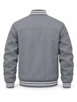 Back of custom grey bomber jacket with yoke seam and striped rib-knit waistband