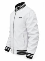 Side angle of private label white bomber jacket with metal zipper and welt pocket