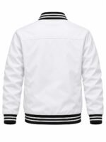 Back of white custom bomber jacket with yoke seam and striped rib-knit hem, wholesale bomber jacket