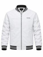 Custom white bomber jacket with black striped rib-knit collar and cuffs by Wani Wear, custom bomber jacket manufacturer