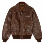 Brown leather aviator jacket front view with hook collar and Wani Wear logo, OEM manufacturer
