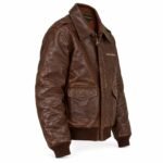 Russet brown pilot leather jacket side view with snap-flap pocket, private label manufacturer