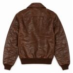 Custom brown leather aviator jacket back view with yoke seam and knit waistband by Wani Wear