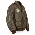 Brown A2 pilot leather jacket side view with custom patch and name tag, wholesale supplier